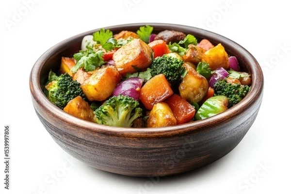 Fototapeta Colorful vegetable and protein stir-fry in a rustic bowl