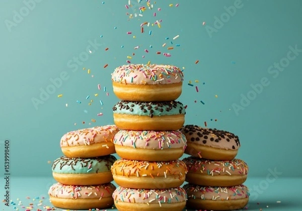Fototapeta Colorful Donuts Tower with Sprinkles in Mid-Air