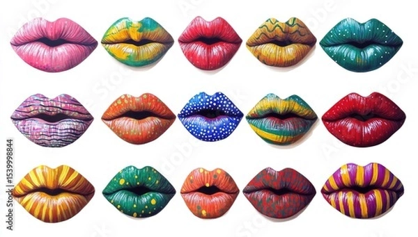 Fototapeta A vibrant array of painted lips, each with a unique colorful pattern