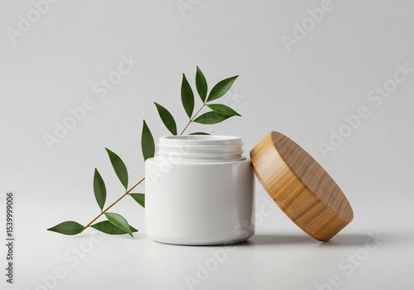 Fototapeta Minimalist white jar with wooden lid and green sprig on a soft grey background