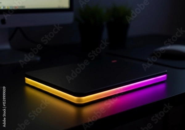 Fototapeta Illuminated Device with Gradient Lighting on a Dark Desk, Modern Aesthetic
