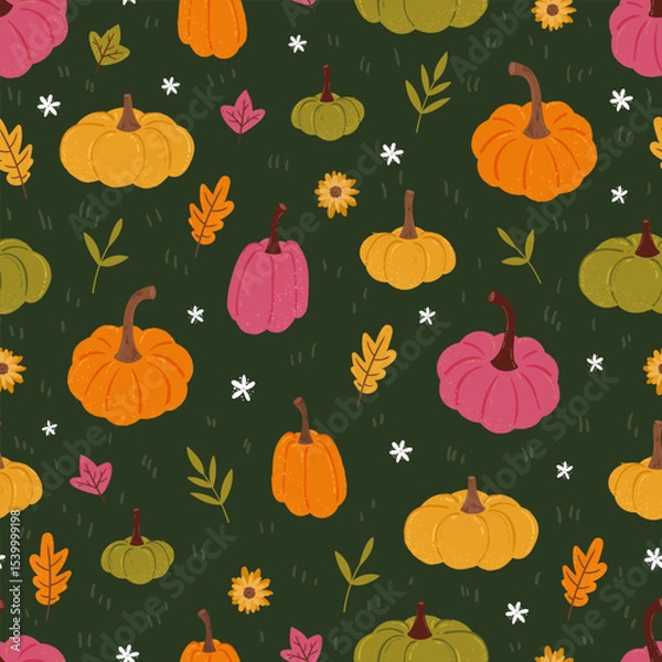 Obraz Lovely hand drawn pumpkin seamless pattern with pumpkins and autumn decoration, great for textiles, table cloth, wrapping, banners, wallpapers - vector design