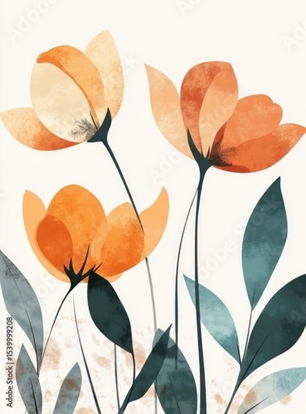 Fototapeta Abstract floral art featuring three stylized tulips in muted orange and peach tones.  The leaves are a deep teal, painted with a watercolor effect.  Soft, muted tones, delicate lines, 