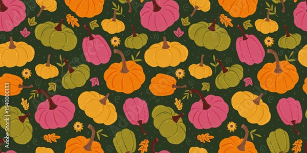 Obraz Lovely hand drawn pumpkin seamless pattern with pumpkins and autumn decoration, great for textiles, table cloth, wrapping, banners, wallpapers - vector design