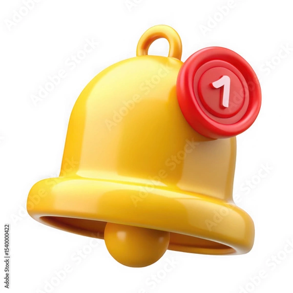 Fototapeta Yellow 3d notification bell icon one new message isolated on transparent background