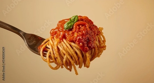 Fototapeta Spaghetti with tomato sauce and basil leaf on a fork against a light beige background close up shot