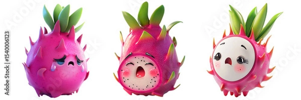 Obraz Set of cute dragon fruit with crying face isolated on a transparent background