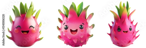 Obraz Set of cute dragon fruit with smiling face isolated on a transparent background