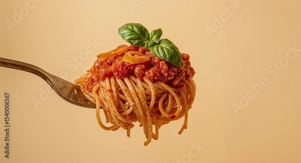 Fototapeta Spaghetti with meat sauce and basil on a fork against a light orange colored plain background
