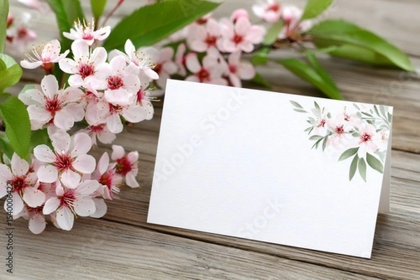 Fototapeta Empty card showing spring flowers blooming on rustic wooden table