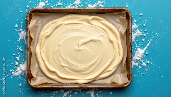 Obraz Smooth Creamy Batter Spread Evenly in a Baking Tray on a Bright Blue Kitchen Surface