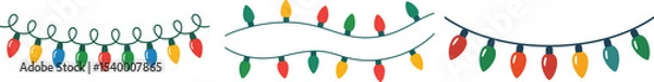 Fototapeta Illustration of a string of christmas lights with red green and yellow bulbs on a white background