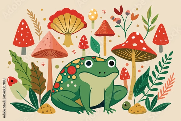 Fototapeta Charming Frog Surrounded by Whimsical Mushrooms and Foliage in a Flat Style