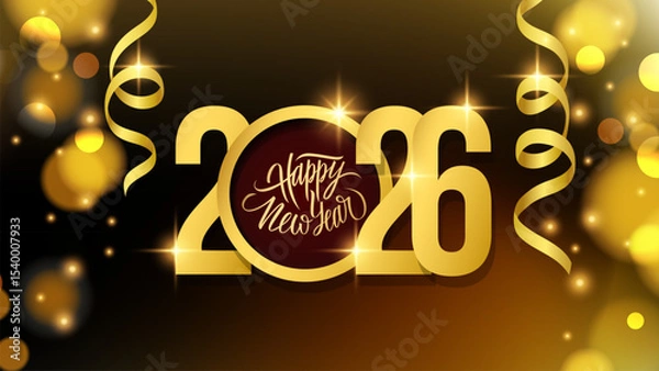 Obraz 2026 New Year festive banner. Handwritten holiday greetings Happy New Year. Bright blurred bokeh lights and gold ribbons. Vector illustration.