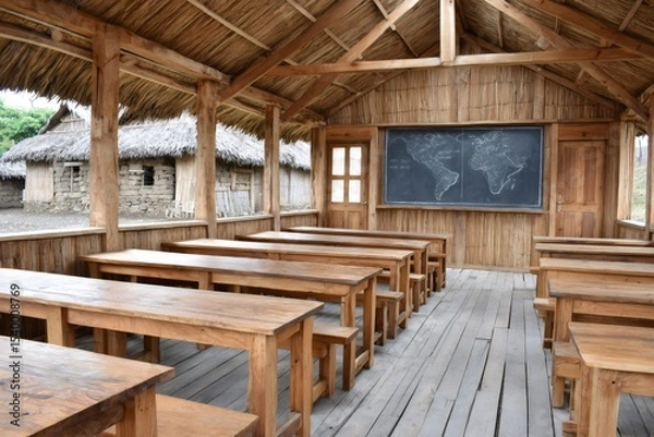 Fototapeta Empty classroom in a rural school showing a world map on the blackboard