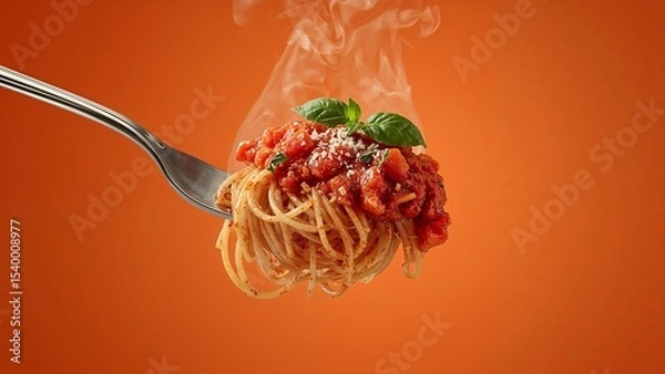 Fototapeta Steaming spaghetti with tomato sauce and basil on a fork against an orange colored background