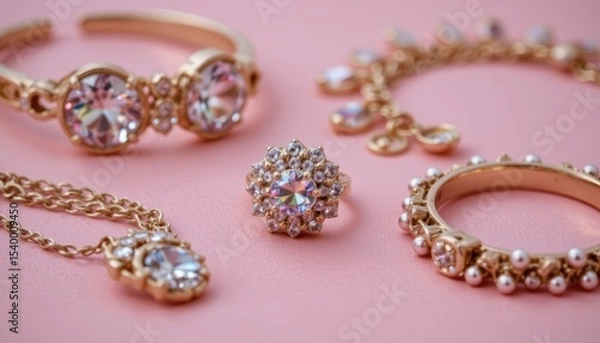 Obraz Elegant Collection of Gold Jewelry Featuring Rings and Bracelets on Pink Background