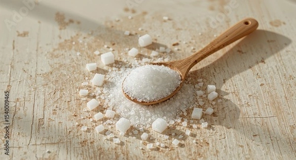 Fototapeta A wooden spoon holding a pile of salt crystals on a distressed surface in bright natural light