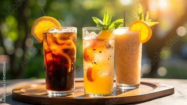 Obraz A unique summer drink - three glasses (iced black coffee with orange juice, iced lychee with soda, and a passion fruit smoothie)

