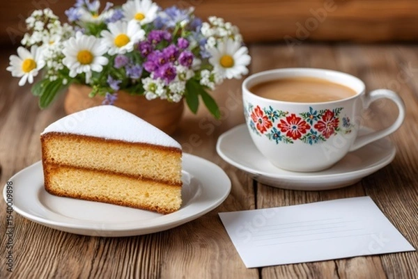 Fototapeta Slice of sponge cake with icing sugar, coffee and flowers on wooden table with blank card