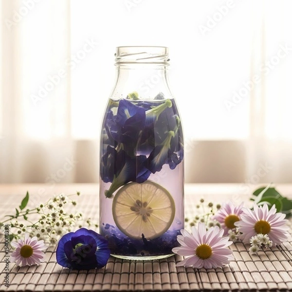 Obraz Herbal Butterfly Pea Drink with Lime and Floral Decor
