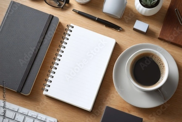 Fototapeta Workspace flat lay featuring blank spiral notebook, coffee cup, pen, keyboard, journals, and glasses on wood desk surface