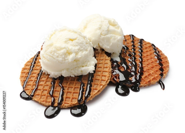 Obraz Tasty Dutch waffles (stroopwafels) with ice cream and chocolate sauce isolated on white