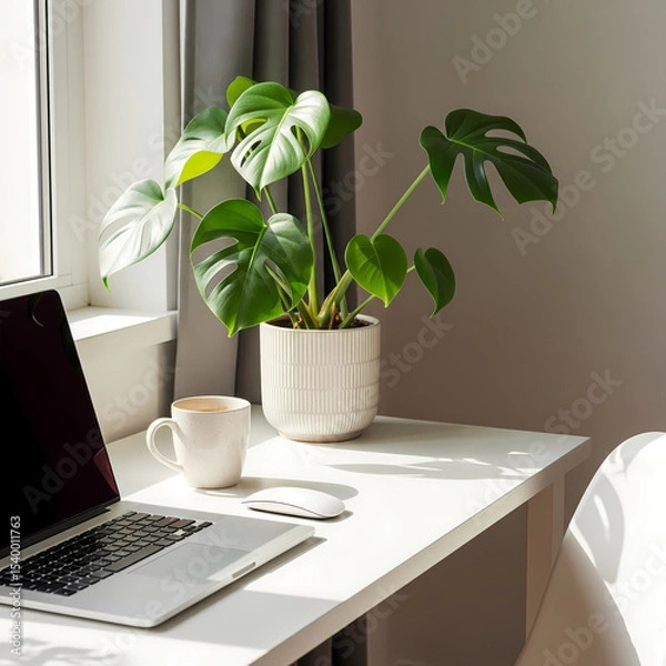 Obraz Minimal remote work desk setup with laptop