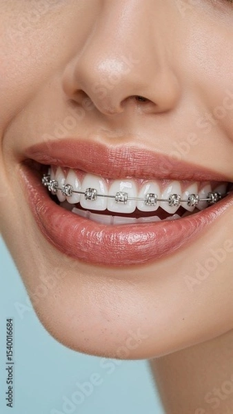 Fototapeta Close up of a smiling woman showing her teeth with braces on a light blue colored background