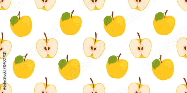 Fototapeta Seamless pattern with yellow apples. Apple set of whole yellow apple, half an apple and a slice of apple. Hand drawn flat vector illustration on white background.
