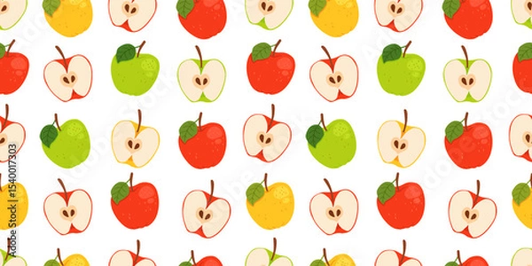 Fototapeta Seamless vector pattern with whole apples leaves and apple slice. Set of green, red and yellow apple, cut. Vector hand drawn illustration for fabric, drawing labels, print.