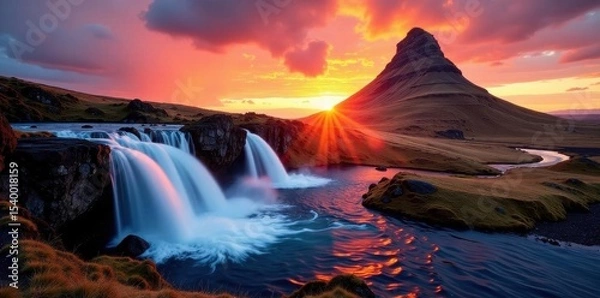 Fototapeta Fiery sunset casts long shadows on Kirkjufellsfoss cascading water , light, reflection, Iceland