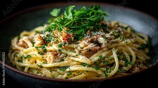 Fototapeta Crab pasta with fresh herbs and Parmesan cheese.