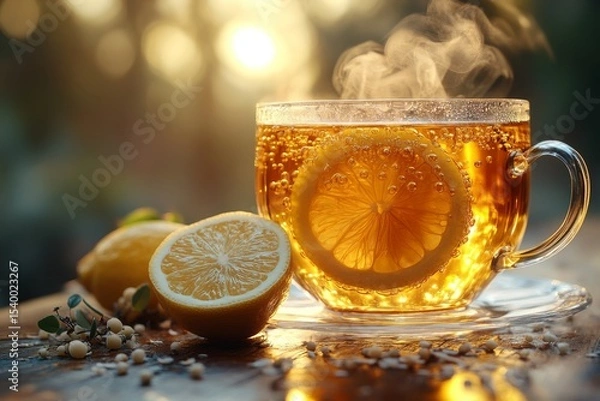 Fototapeta Wellness in a teacup, linden, lemon, and honey. Generative AI