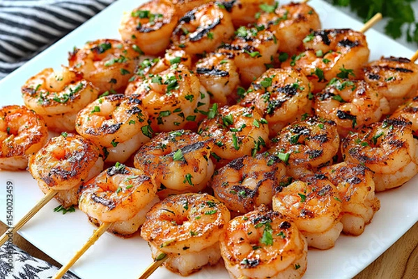 Fototapeta Grilled Shrimp Skewers with Herbs on a White Plate