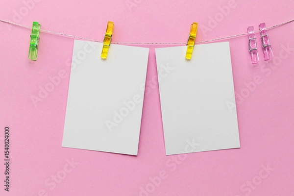 Fototapeta Colorful clothespins hold blank white notes on a pink background for creative messaging or decoration use