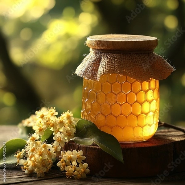 Fototapeta A golden jar of linden honey. Generative AI