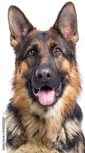 Fototapeta German Shepherd dog panting and looking forward on white background