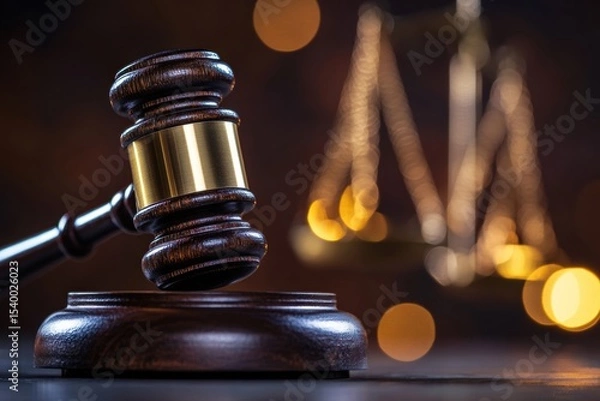 Fototapeta Judge gavel resting on sounding block with scales of justice and bokeh effect in background