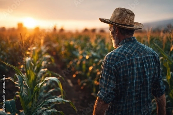 Fototapeta Senior farmer walking in corn field at sunset enjoying the view