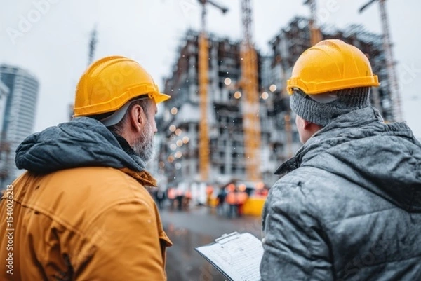 Fototapeta Engineers inspecting building under construction during winter snowfall