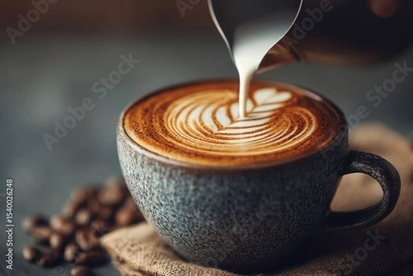 Fototapeta Barista pouring milk into a cup of coffee creating latte art