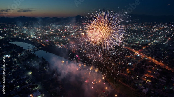 Obraz ビル群と川辺を彩る幻想的な夜空の花火