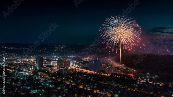Obraz 夏の夜、川に反射する美しい花火と都市の風景