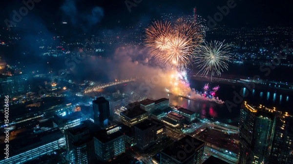 Obraz 川辺に映る都会の夜景と打ち上げ花火
