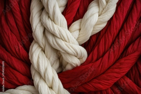 Fototapeta Thick white rope crossing red wool yarn creating an interesting pattern