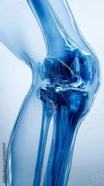 Fototapeta Detailed X-ray image of a knee joint in soft blue hues, capturing the bones, ligaments, and cartilage in clear, precise detail. The blue tones evoke a sense of serenity and sophistication