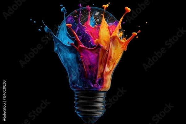Fototapeta Colorful paint splashing inside a light bulb on black background