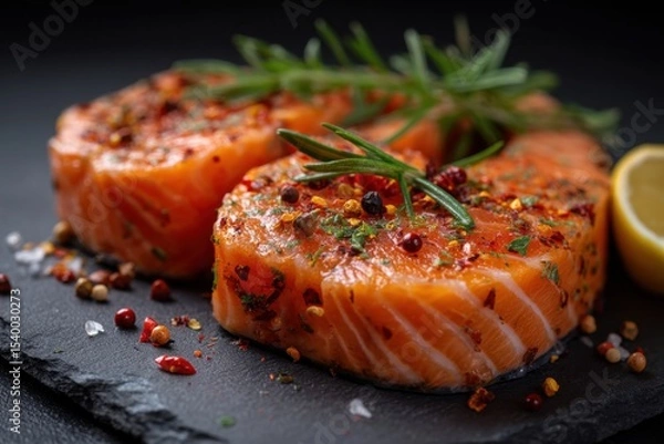 Fototapeta Fresh salmon steaks seasoned with herbs and spices lying on a slate plate
