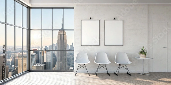 Obraz Clean poster mockup on a light wall above a modern chair, a minimalist and stylish scene for home decor and advertising